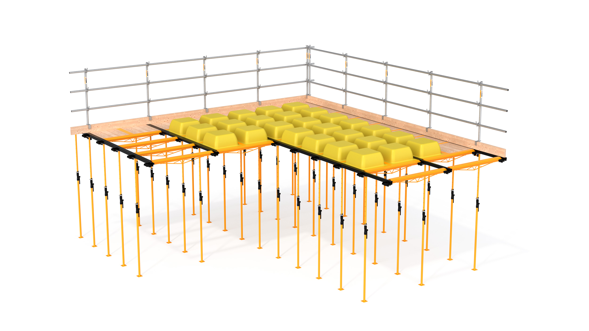 Cofragem para lajes nervuradas de alta produtividade. Composto por côcos de plástico recuperáveis e escoramento num único equipamento, se adapta a lajes de diferentes geometrias.