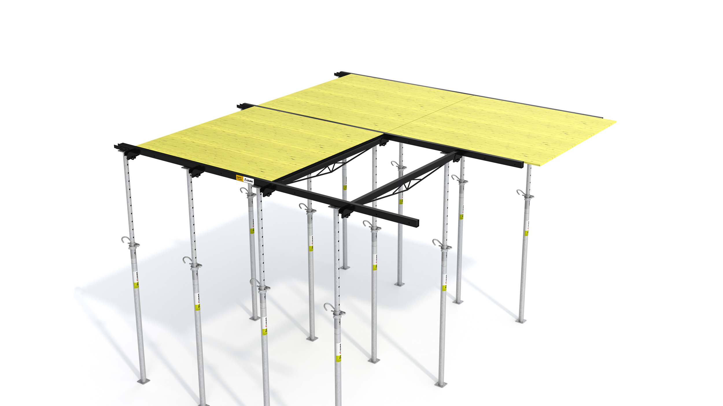 Sistema de cofragem para lajes recuperável de alto rendimento para edificação.
Principais Características: Componentes leves, montagem e desmontagem rápidas.