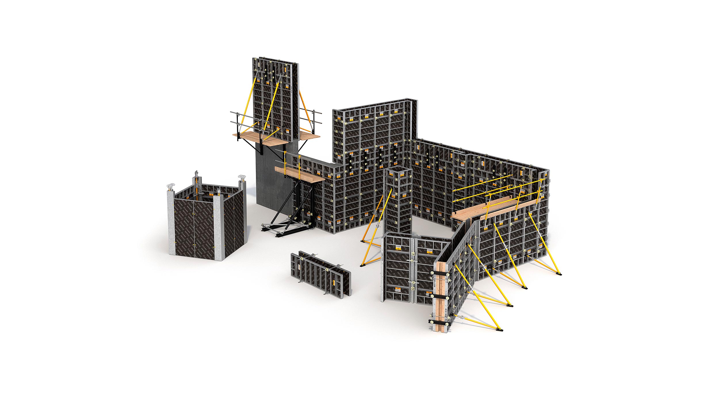 Sistema de cofragem para muros e pilares com ampla gama de painéis de até 3m. Perfeita para solucionar geometrias complexas. Montagem manual ou com grua.