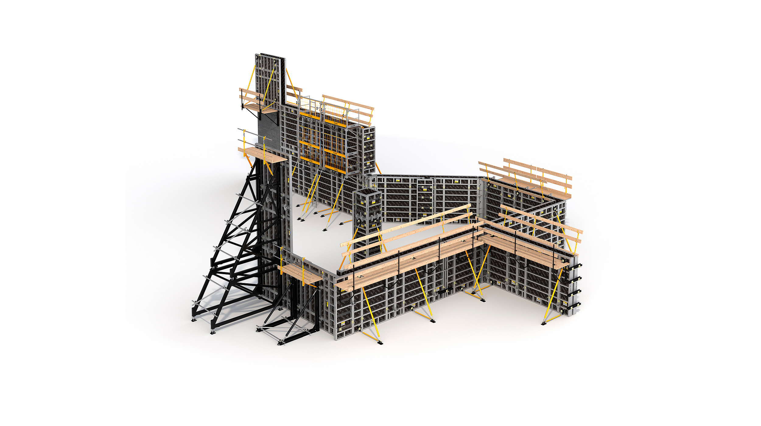 Sistema de cofragem modular e qualquer outro tipo de construção de estruturas verticais de betão. Proporciona alto rendimento, com baixo custo de mão de obra.