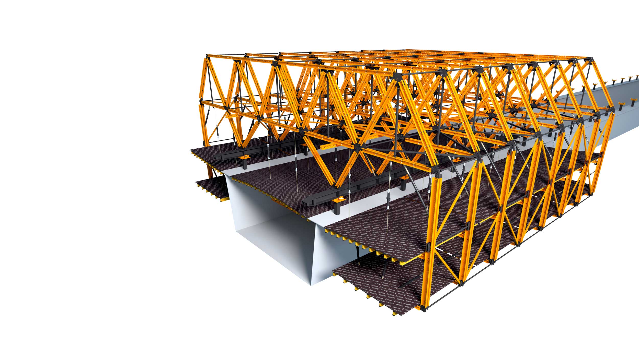 Carro móvel para pontes mistas e pontes de betão parcialmente pré-fabricadas. Destaque para a possibilidade de configurar a estrutura para cada obra, otimizando os ritmos de execução.