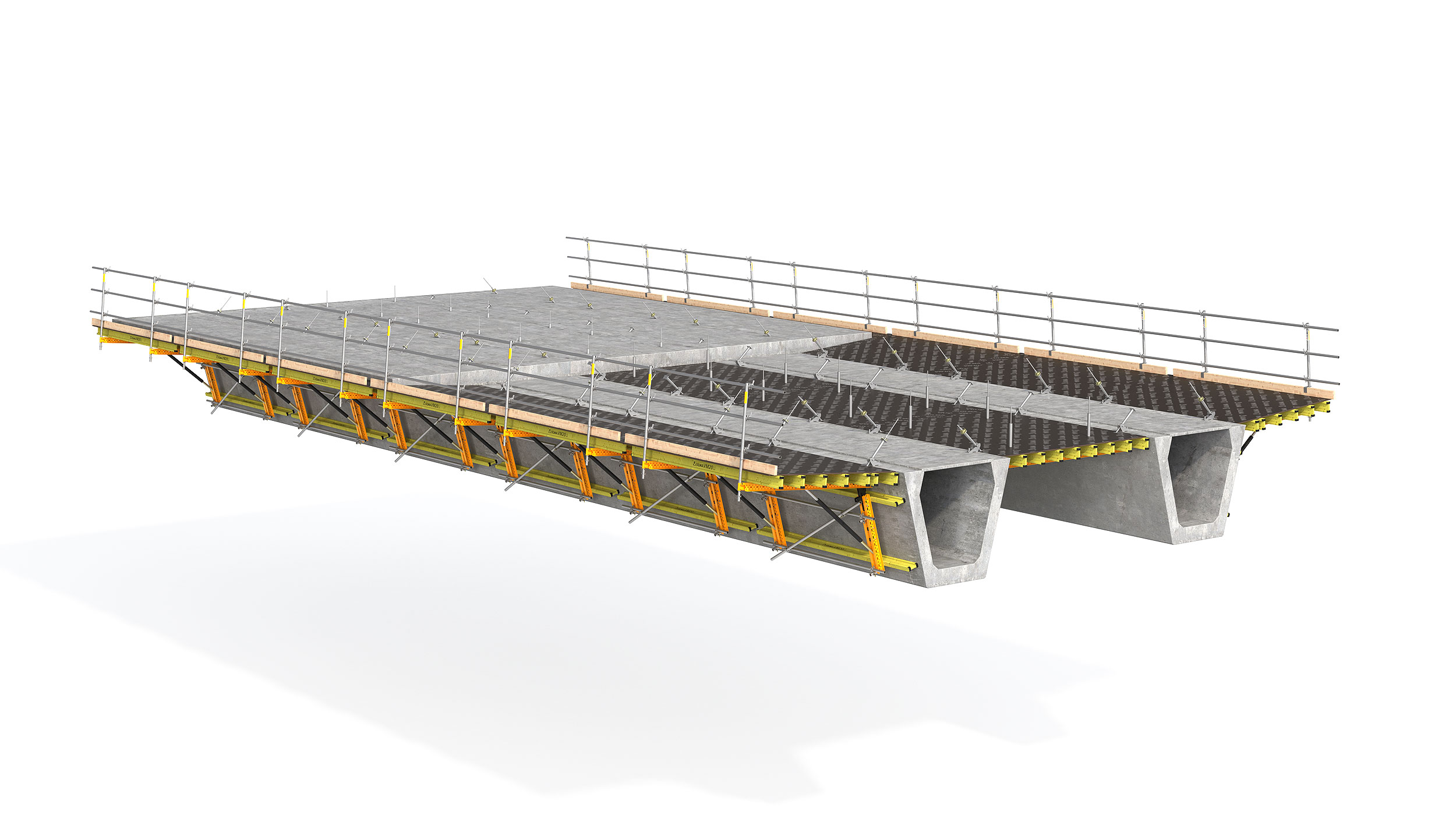 Cofragem modular para betonar as abas ou lajes centrais de pontes com núcleo metálico ou pré-fabricado. Característica de destaque: a segurança do sistema.