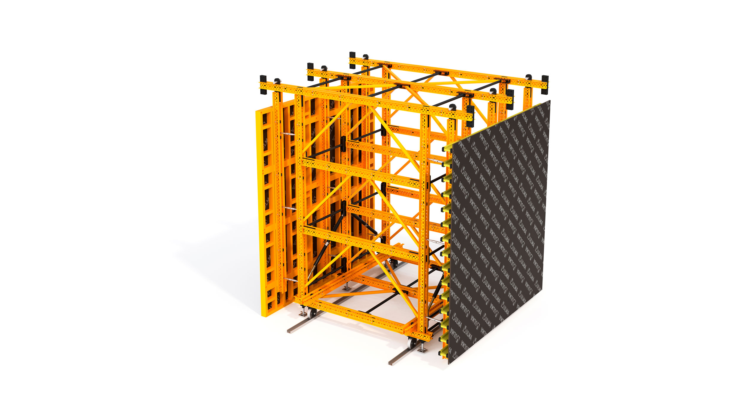 Sistema móvel para a construção de muro de betão de grande extensão, a uma ou duas faces. Fácil de montar e desformar.