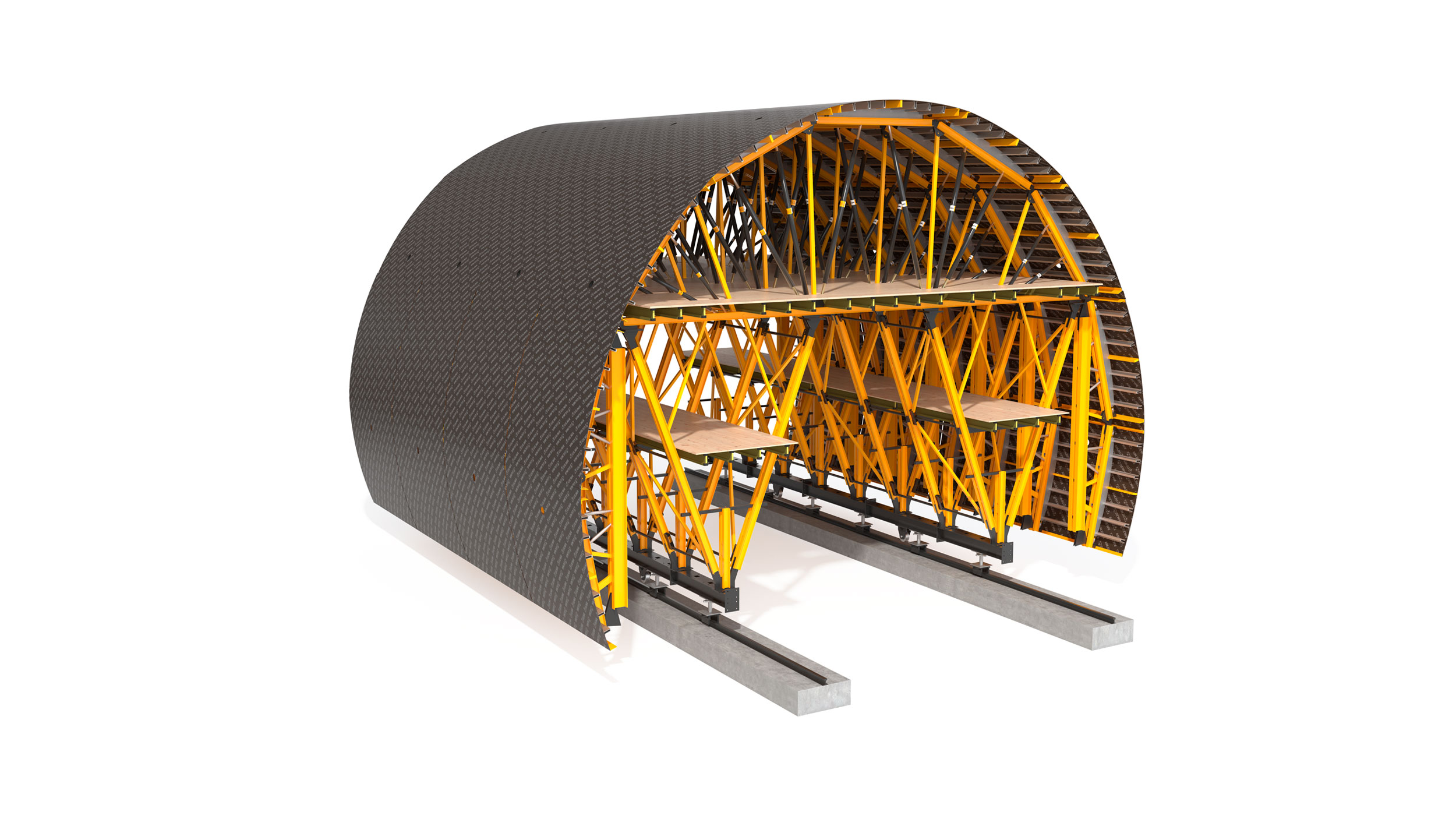 Carro de cofragem totalmente configurável, indicado para túneis de até 1 km de extensão. Sistema de alta rentabilidade em aluguer.