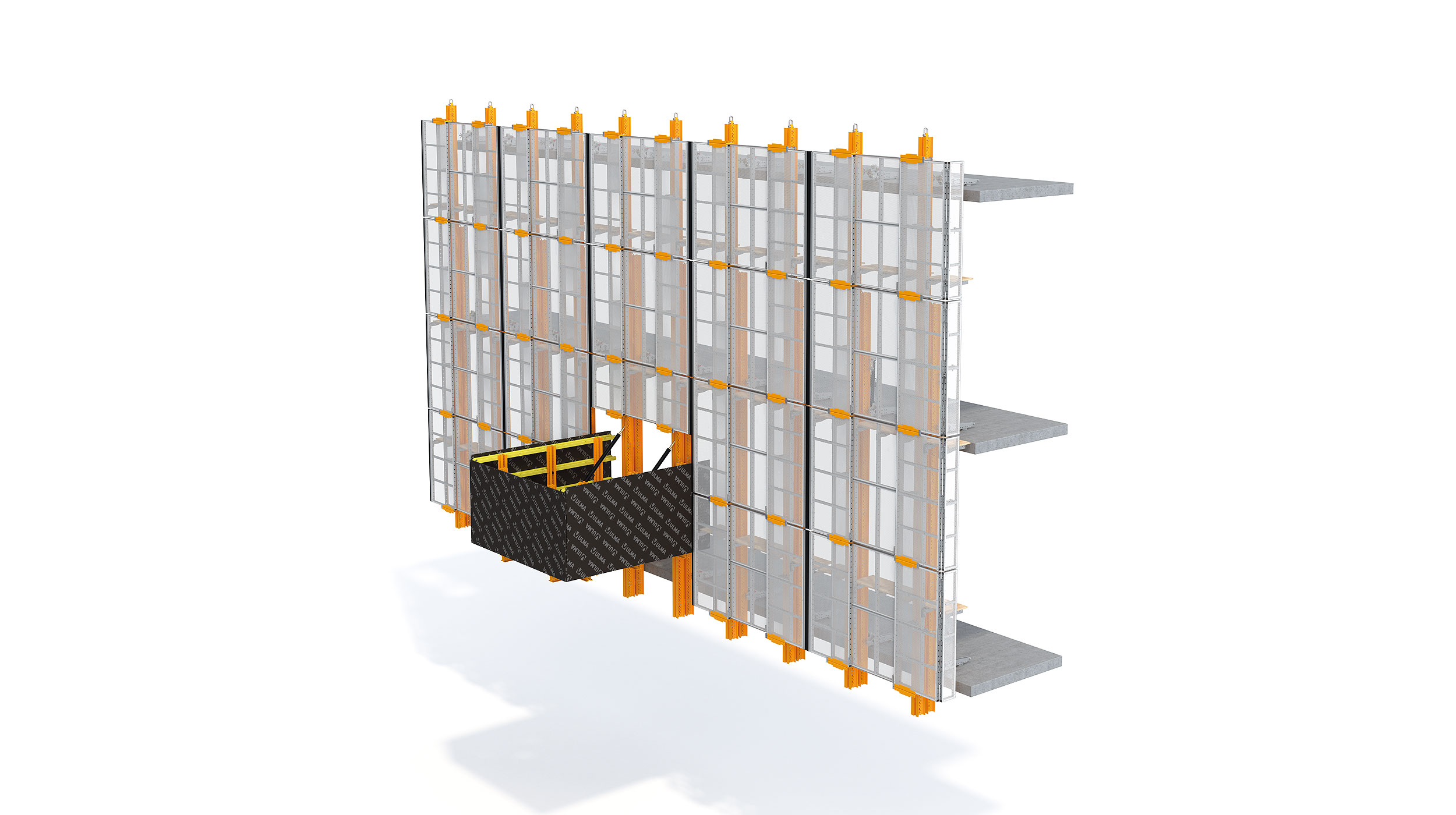 Tela de proteção perimetral de grande flexibilidade, que se adapta a qualquer geometria ou necessidade de configuração. Indicada para edifícios de grande altura (arranha-céus). O sistema permite ser elevar com sistema hidráulico ou com grua.