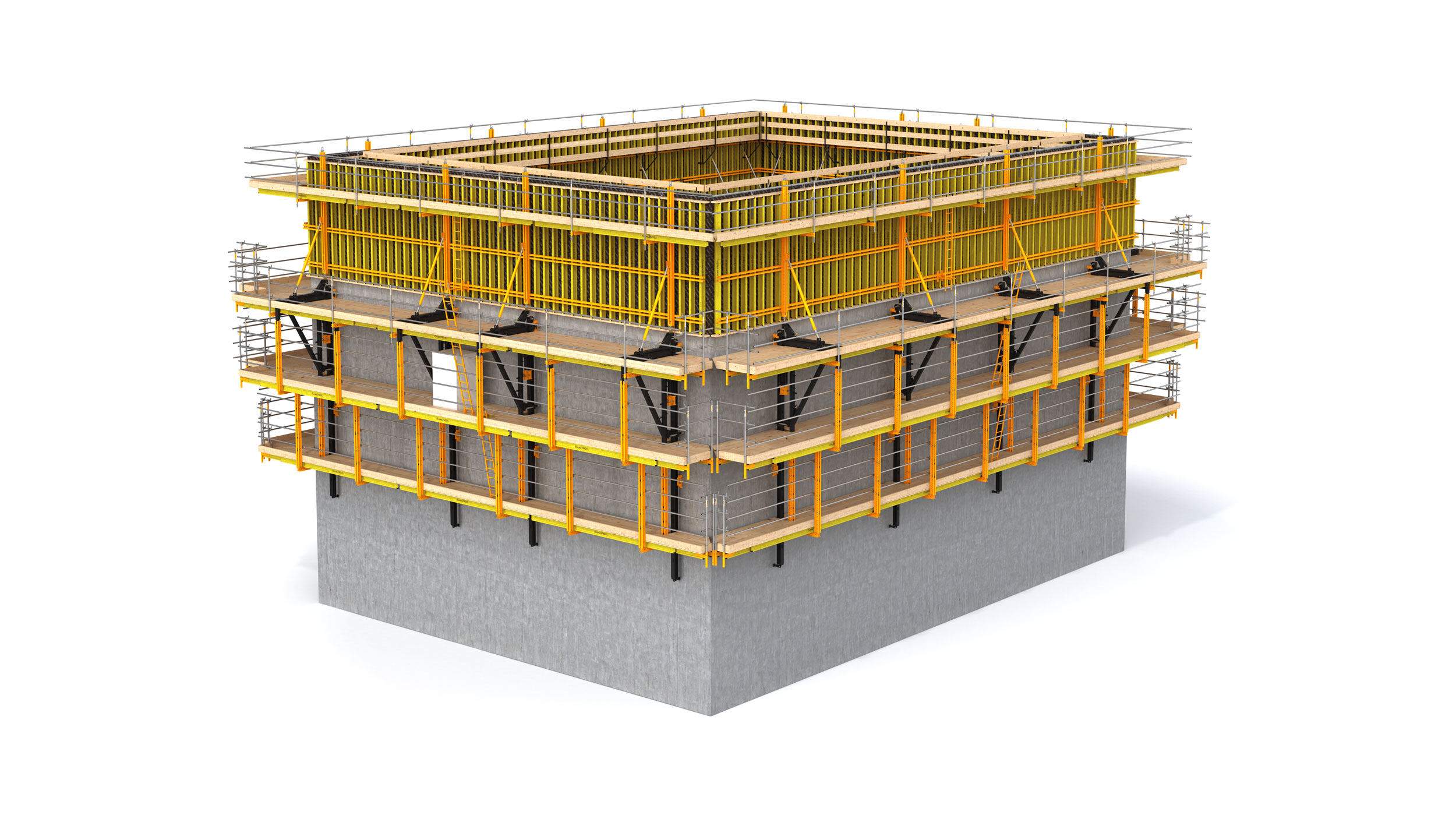 Sistema de cofragem autotrepante sem a necessidade de grua. Agiliza os tempos de construção e permite múltiplas aplicações para cada obra de grande altura. Segurança na montagem e movimentação.