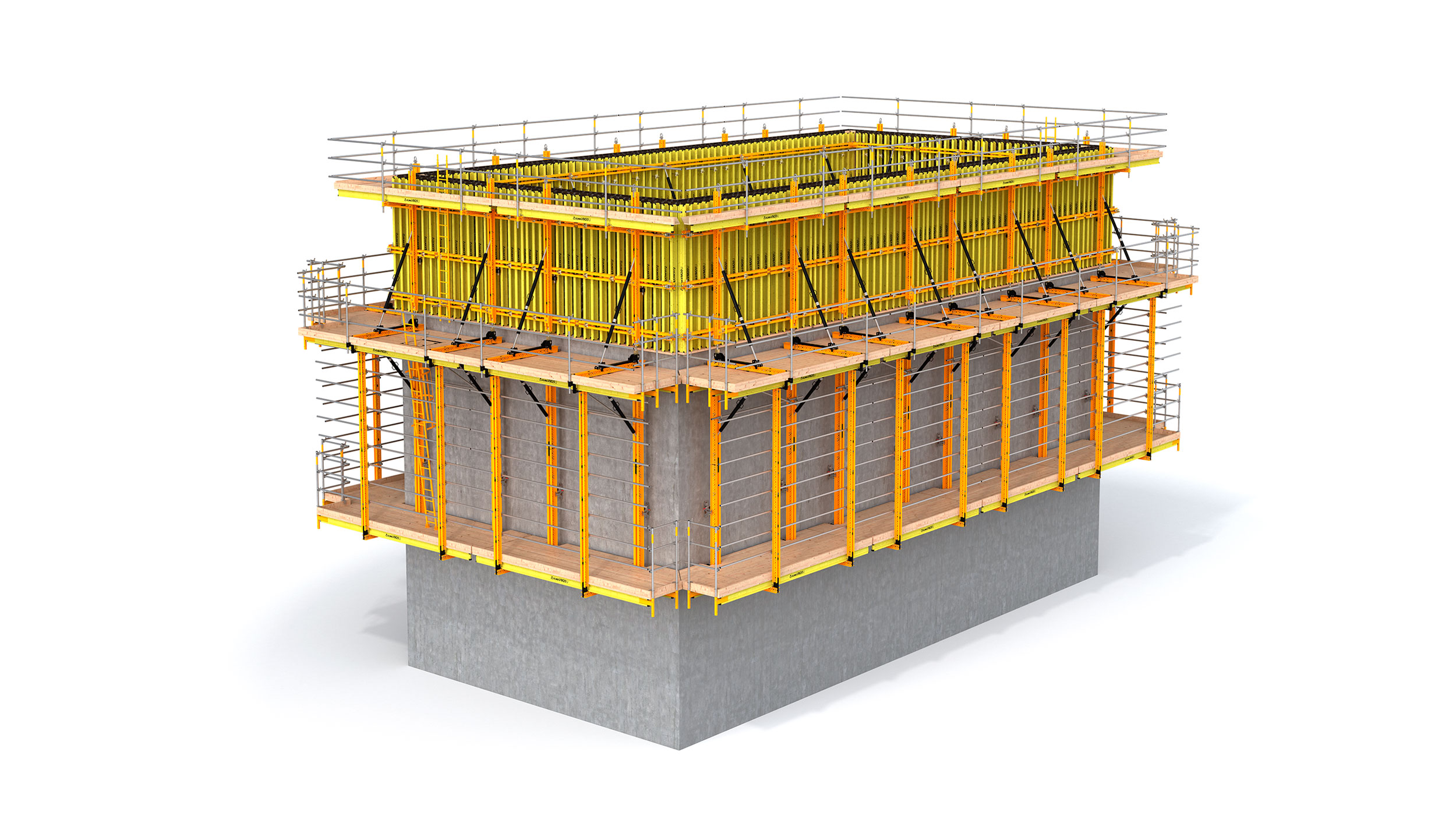 Sistema trepante guiado e flexível para a construção de edifícios de grande altura. Destaque para a estrutura otimizada e sua facilidade de uso.